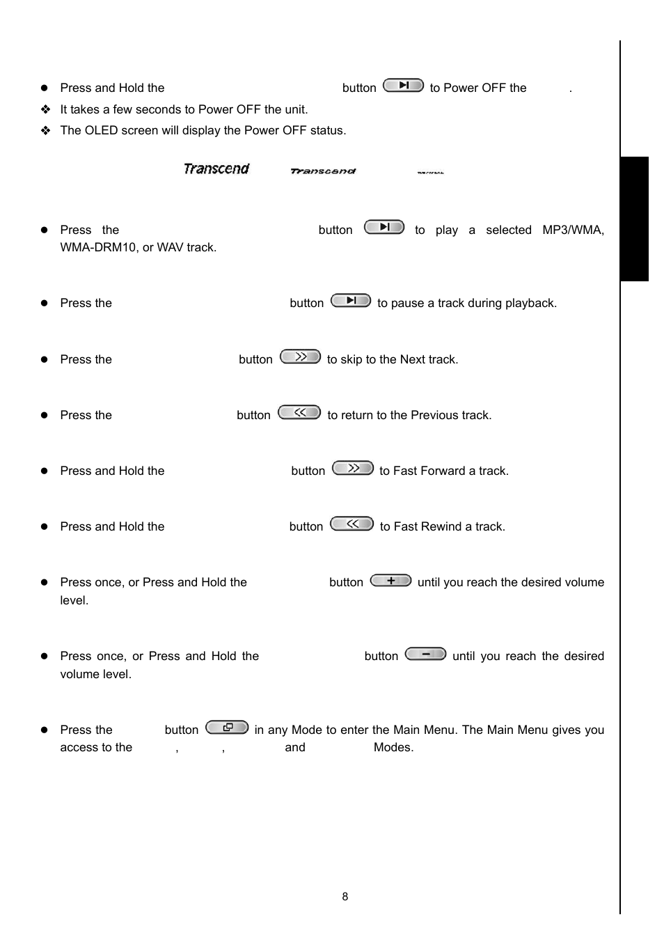 Power off, Play a track, Pause a track | Next track, Previous track, Fast forward, Fast rewind, Increase volume, Decrease volume, Main menu | Transcend Information MP630 User Manual | Page 12 / 64
