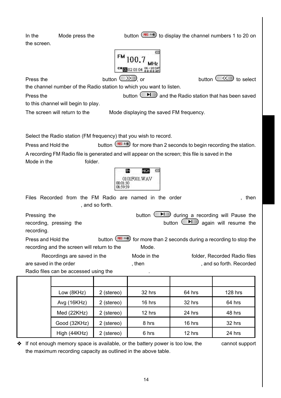 Recall a saved station, Record a radio station, Record mode | O functions record a radio station, Radi, Record functions | Transcend Information MP630 User Manual | Page 18 / 64