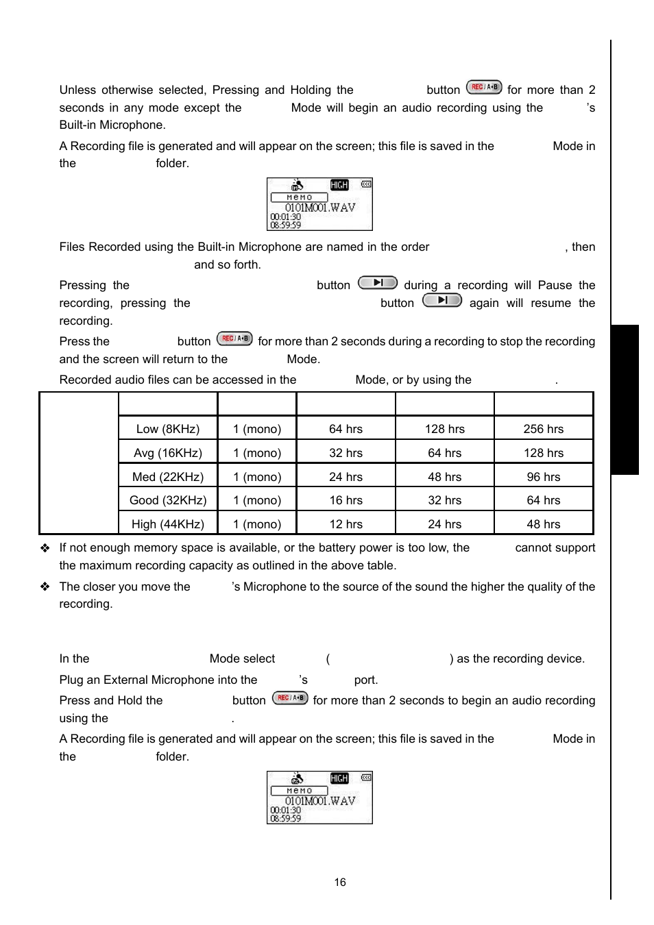 Record using the built-in microphone, Record using the external microphone, Record functions | Transcend Information MP630 User Manual | Page 20 / 64