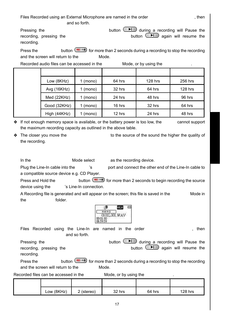 Record using the line-in connection, Record functions | Transcend Information MP630 User Manual | Page 21 / 64