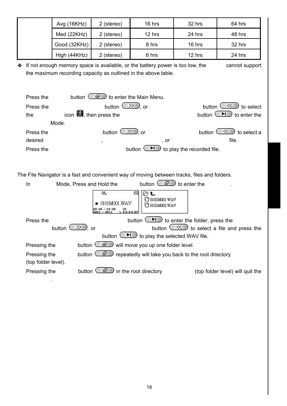 Play a recorded sound file, File navigator mode, Record functions | Transcend Information MP630 User Manual | Page 22 / 64