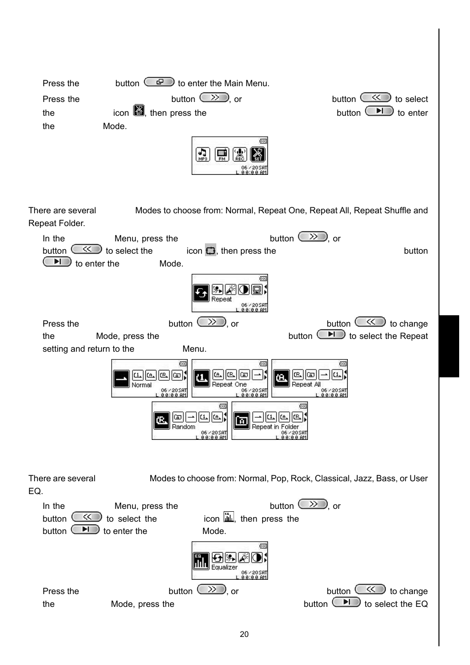 Settings, Enter the settings menu, Repeat mode | Equalizer (eq) mode, Setti ng s setti ng s enter the settings menu | Transcend Information MP630 User Manual | Page 24 / 64