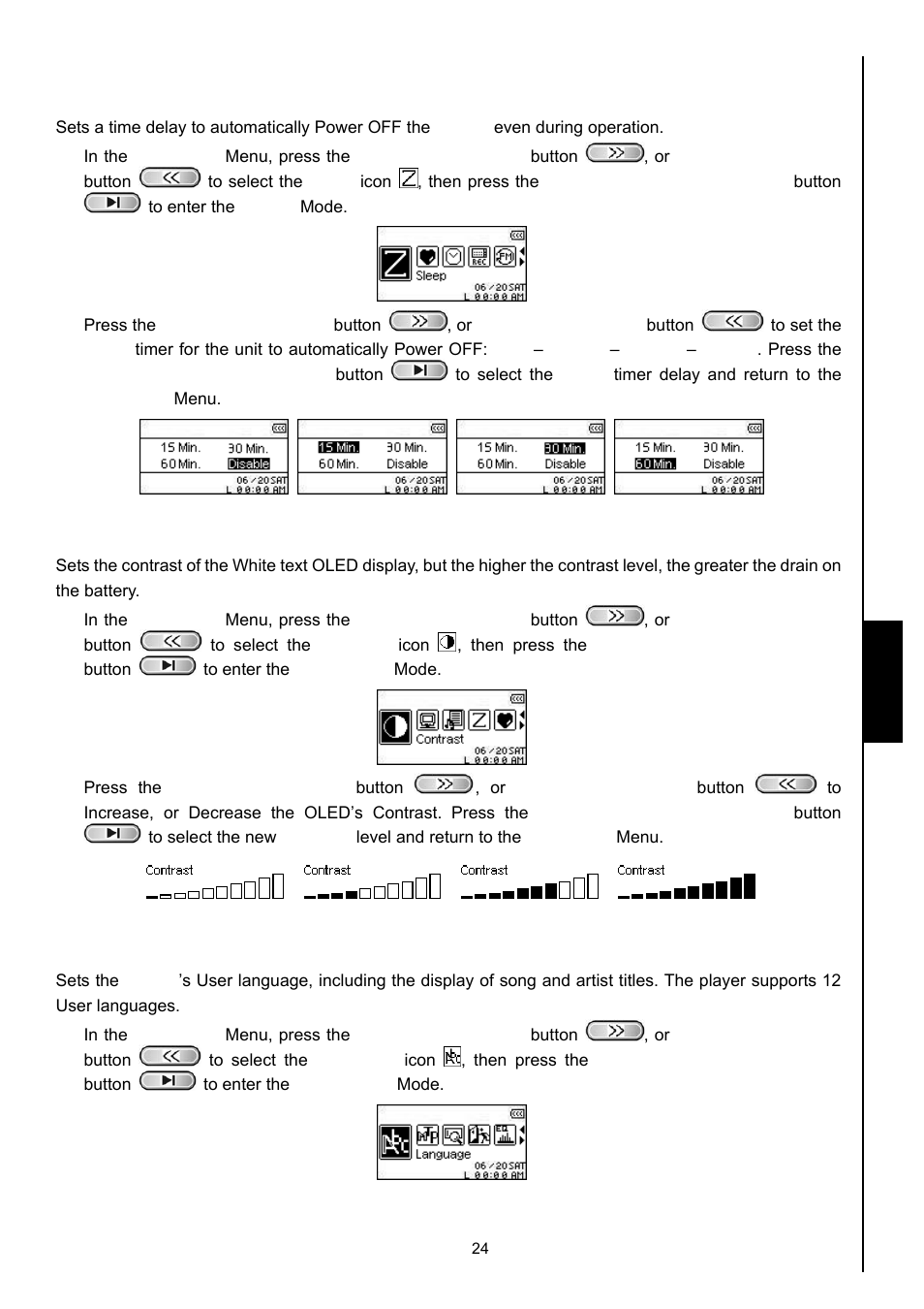 Sleep, Contrast, Language | Setti ng s setti ng s sleep | Transcend Information MP630 User Manual | Page 28 / 64