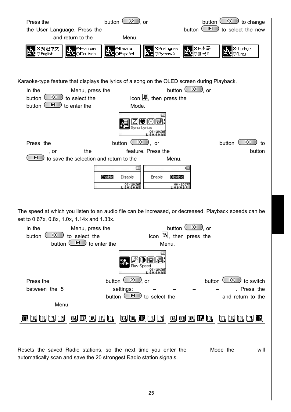 Sync lyrics, Playback speed, Fm reset | Setti ng s | Transcend Information MP630 User Manual | Page 29 / 64