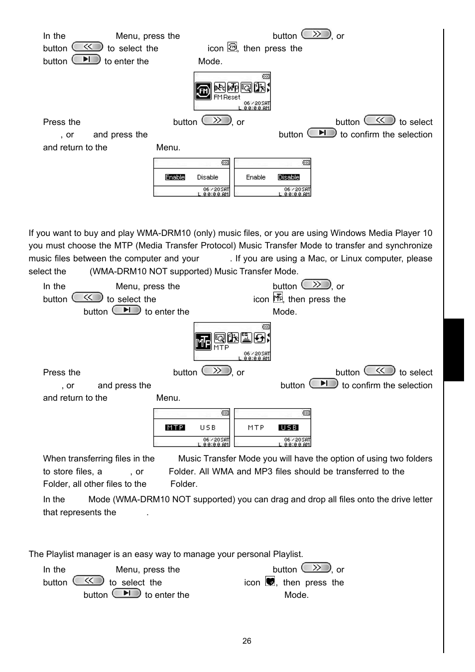 Music transfer mode, Playlist manager, Setti ng s | Transcend Information MP630 User Manual | Page 30 / 64
