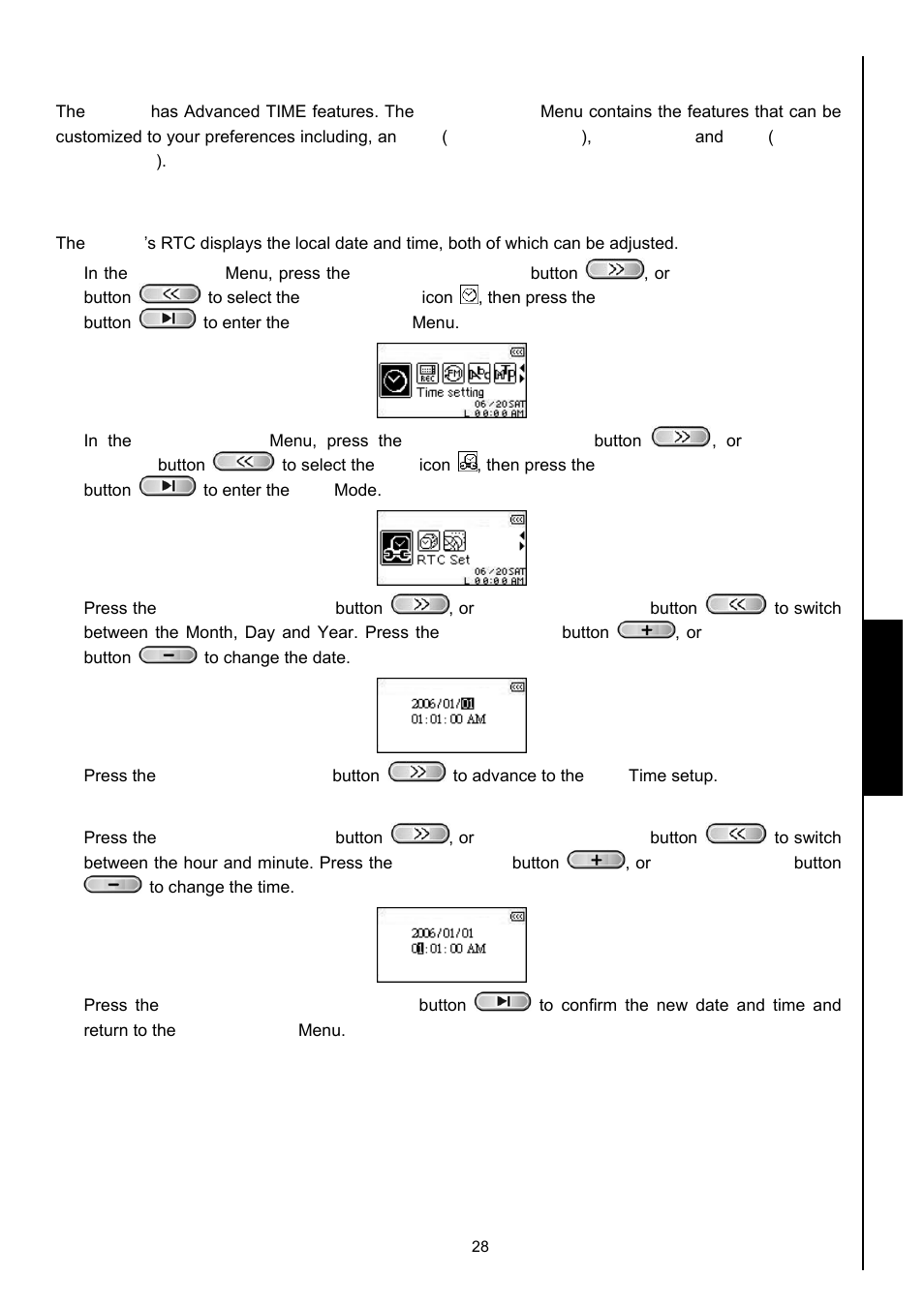 Time settings, Real time clock (rtc) | Transcend Information MP630 User Manual | Page 32 / 64
