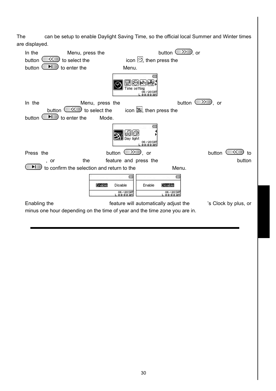 Daylight saving time (dst), Time settings daylight saving time (dst) | Transcend Information MP630 User Manual | Page 34 / 64