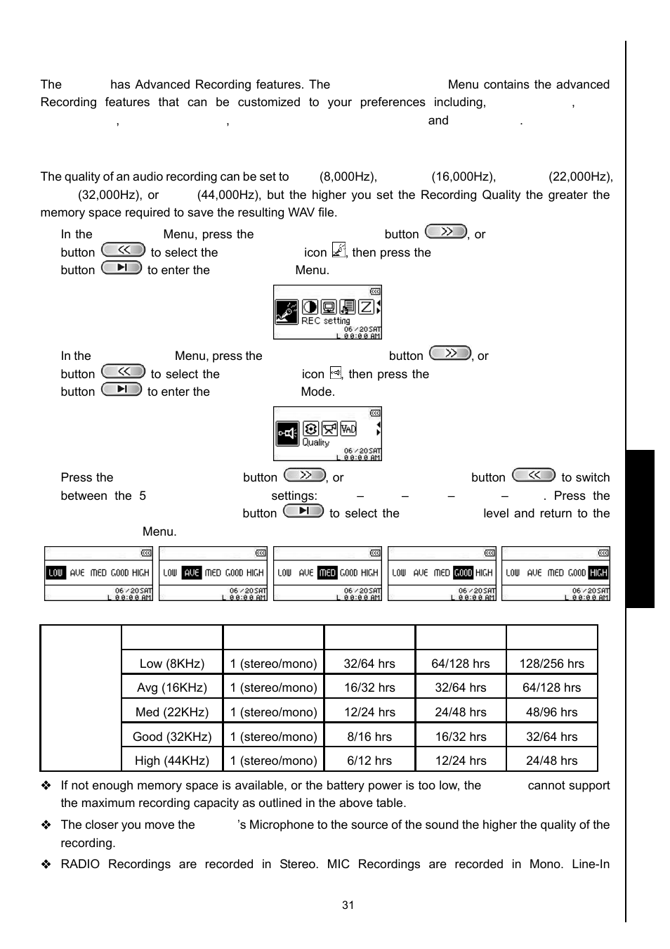 Advanced record settings, Rec quality, Record settings | Transcend Information MP630 User Manual | Page 35 / 64