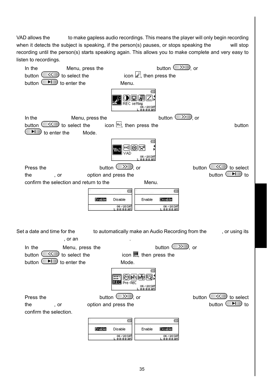 Vad (voice activation detection), Preset rec, Record settings vad (voice activation detection) | Transcend Information MP630 User Manual | Page 39 / 64