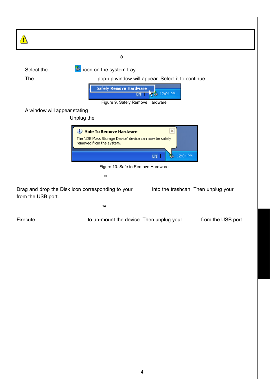 Disconnecting from a computer, Removing the mp630 in windows, Me, 2000 and xp | Removing the mp630 in mac, Os 10.0, or later, Remove the mp630 in linux, Kernel 2.4, or later, Use with a computer | Transcend Information MP630 User Manual | Page 45 / 64