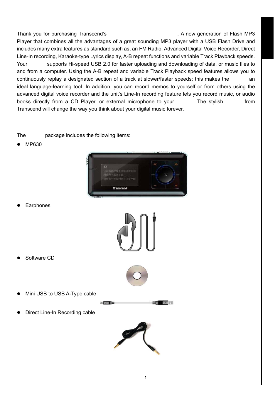 Introduction, Package contents, Introduct ion | Transcend Information MP630 User Manual | Page 5 / 64