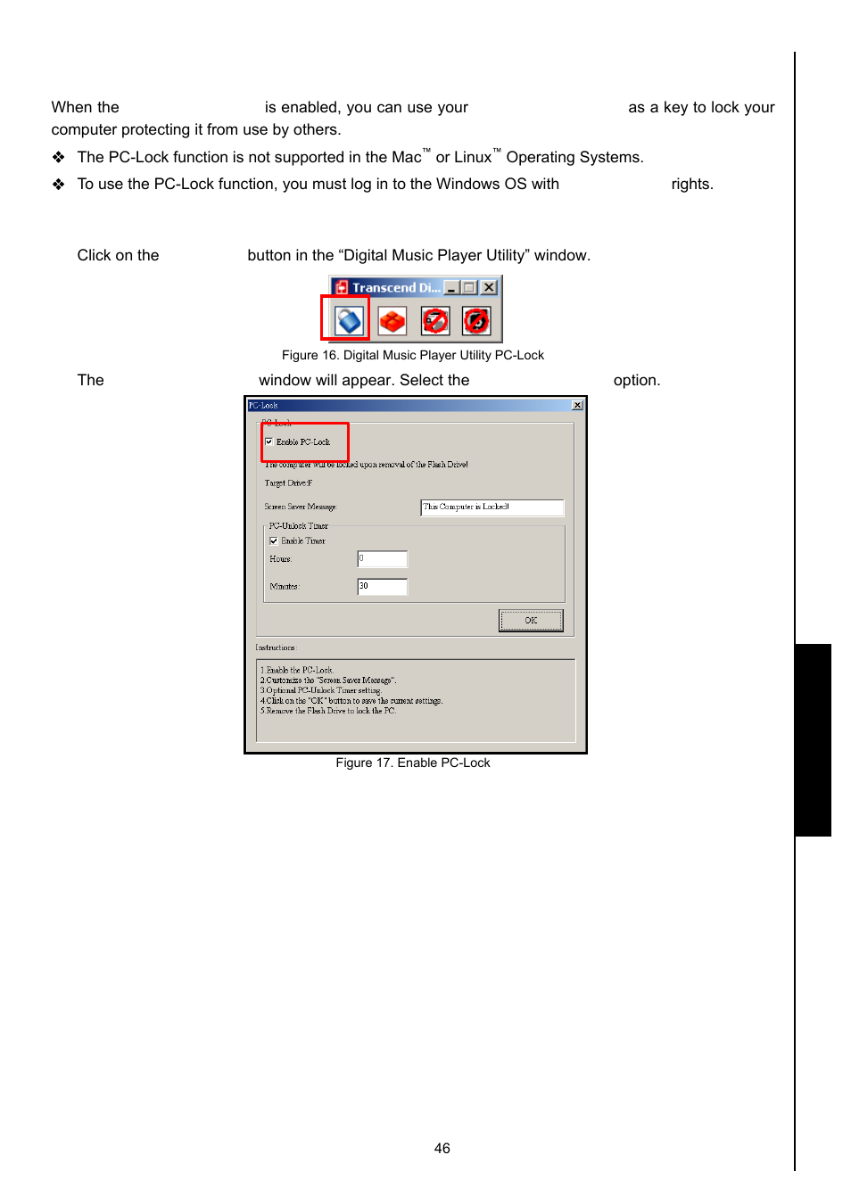 Pc-lock function, Pc-lock function for windows, Me, 2000 and xp | Pc-lock | Transcend Information MP630 User Manual | Page 50 / 64