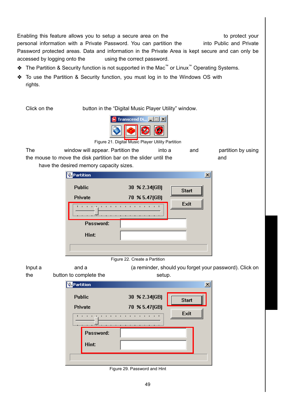 Partition & security function, Enable the security function in windows, Me, 2000 and xp | Partition & security | Transcend Information MP630 User Manual | Page 53 / 64