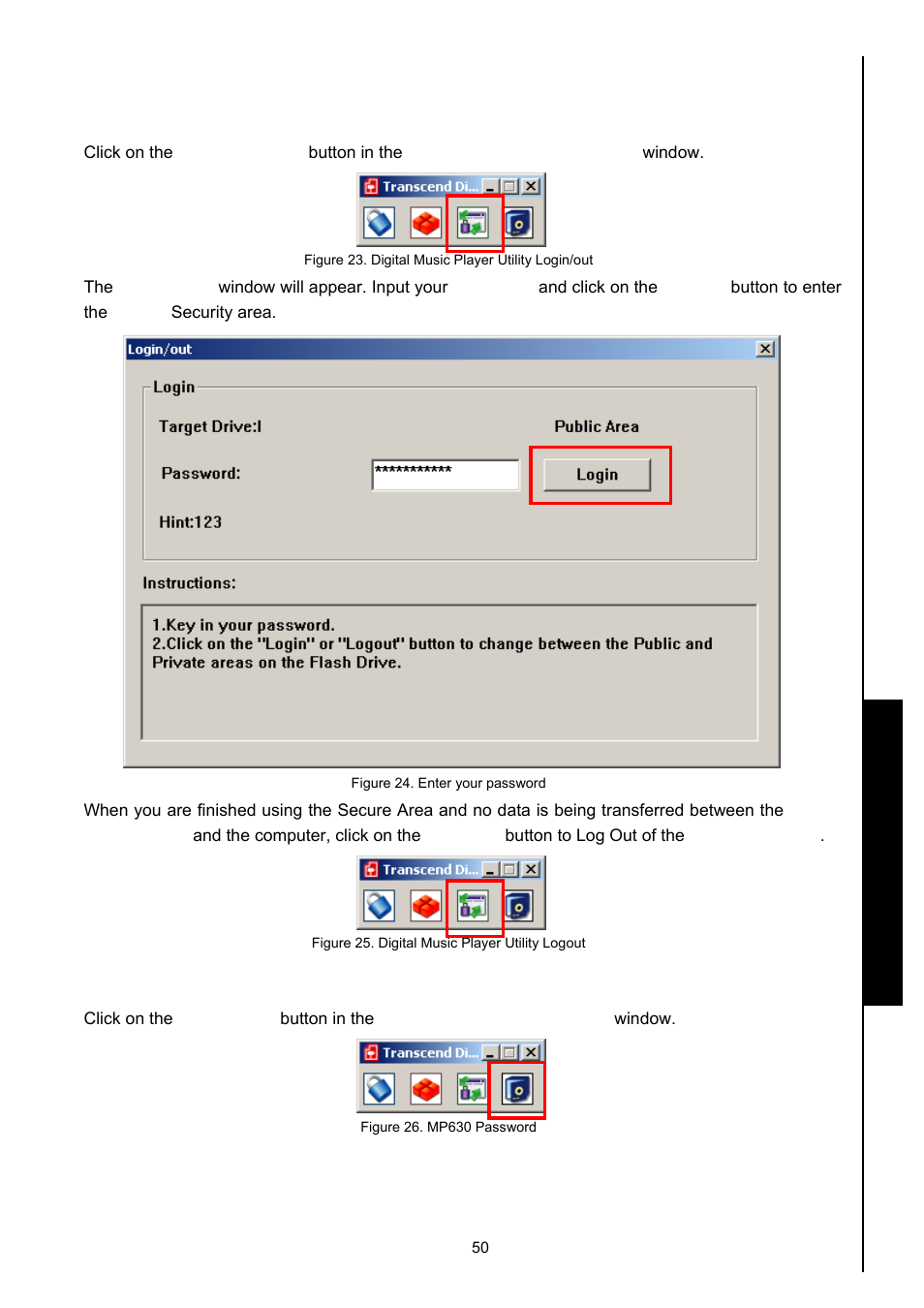 Use the mp630 security features, Changing your password, Partition & security | Transcend Information MP630 User Manual | Page 54 / 64