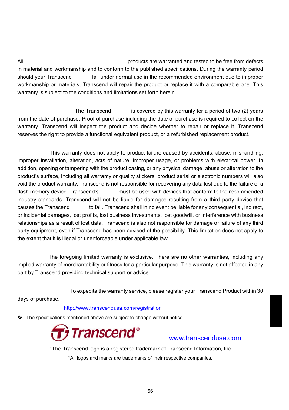 Transcend limited warranty, Transcend information, inc, Warranty | Transcend Information MP630 User Manual | Page 60 / 64