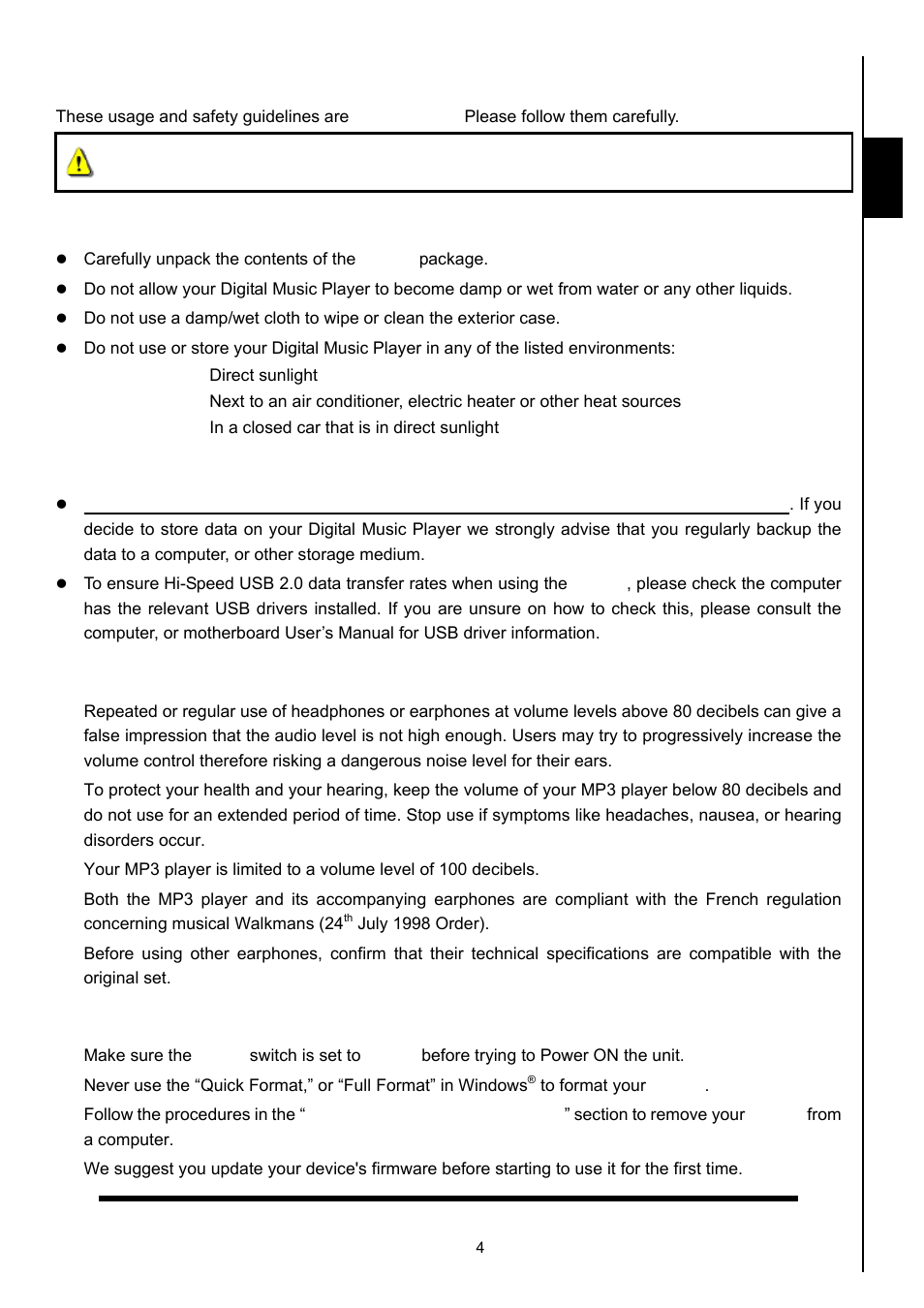 Safety precautions, General use, Backing up data | Caution: risk of deafness, Reminders, Safety | Transcend Information MP630 User Manual | Page 8 / 64