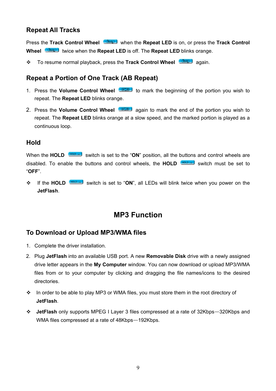 Mp3 function, Repeat all tracks, Repeat a portion of one track (ab repeat) | Hold | Transcend Information 128 User Manual | Page 12 / 28
