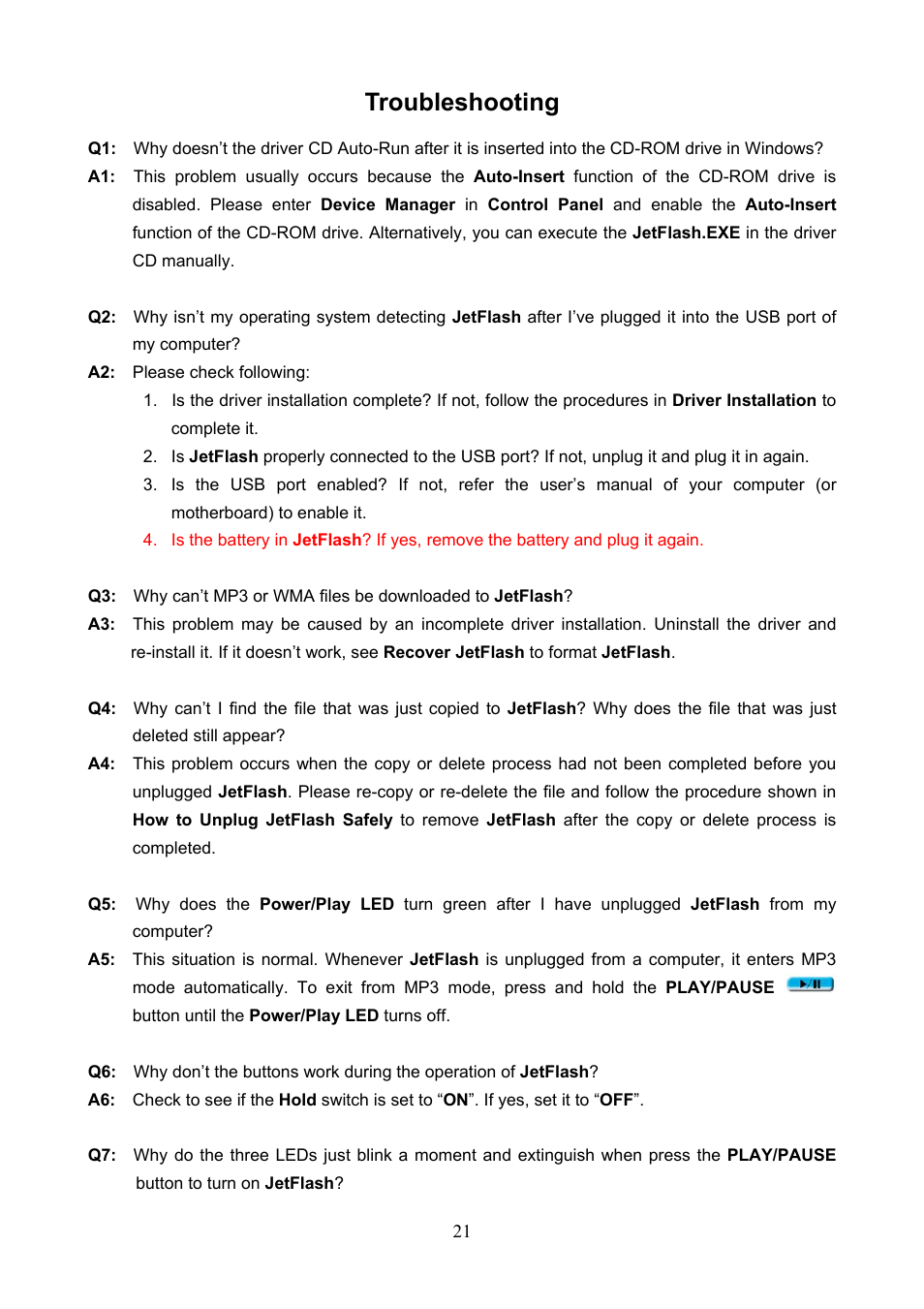 Troubleshooting | Transcend Information 128 User Manual | Page 24 / 28