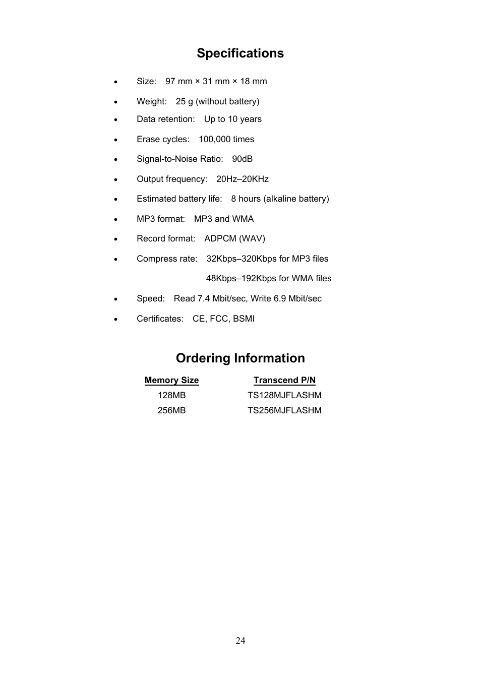 Specifications, Ordering information | Transcend Information 128 User Manual | Page 27 / 28