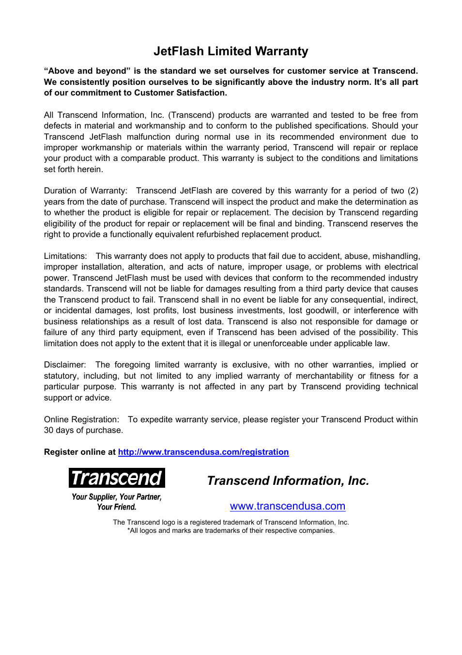 Jetflash limited warranty, Transcend information, inc | Transcend Information 128 User Manual | Page 28 / 28