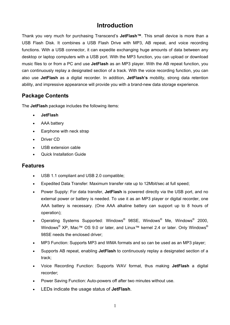 Introduction, Package contents, Features | Transcend Information 128 User Manual | Page 4 / 28