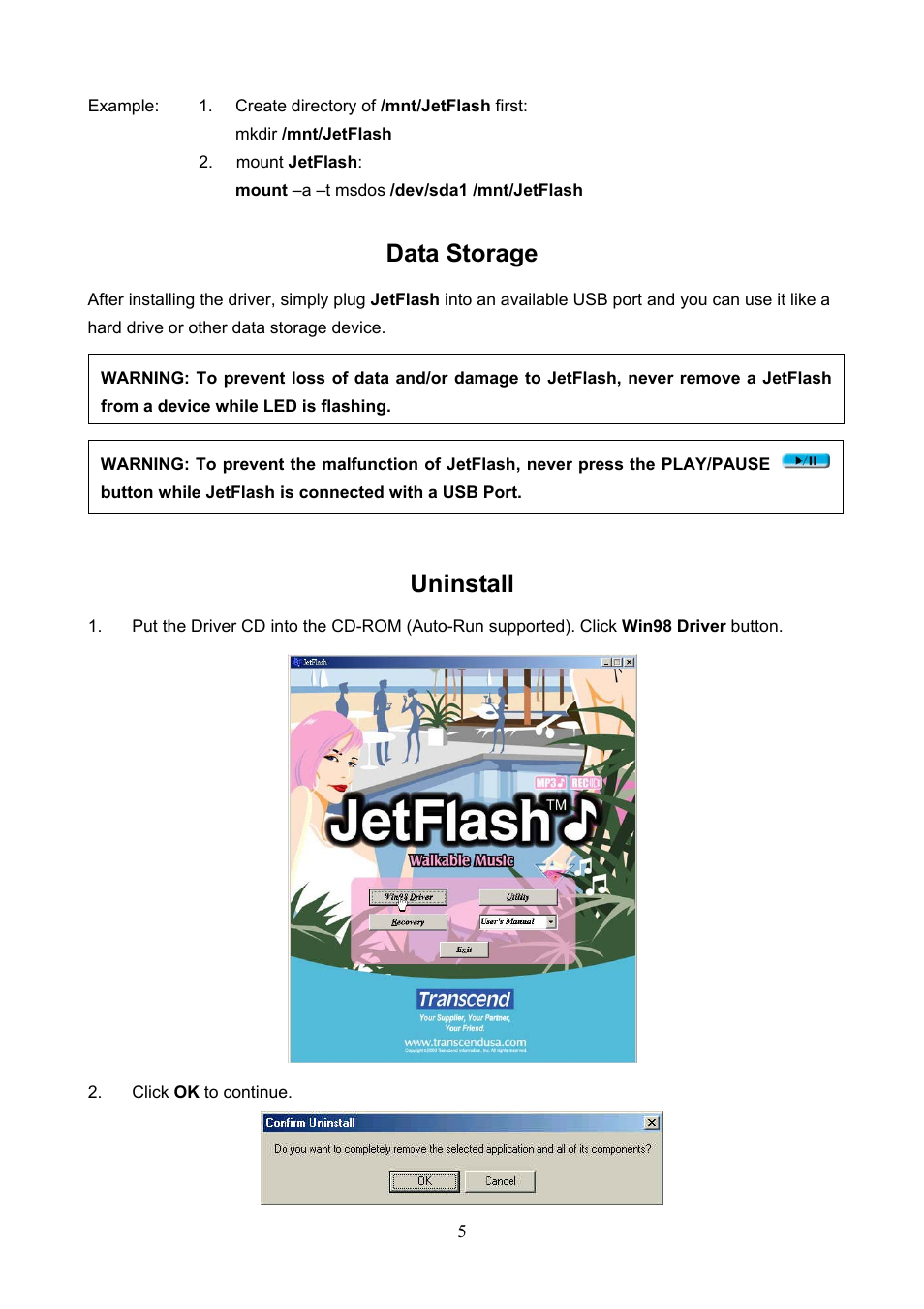 Data storage, Uninstall | Transcend Information 128 User Manual | Page 8 / 28