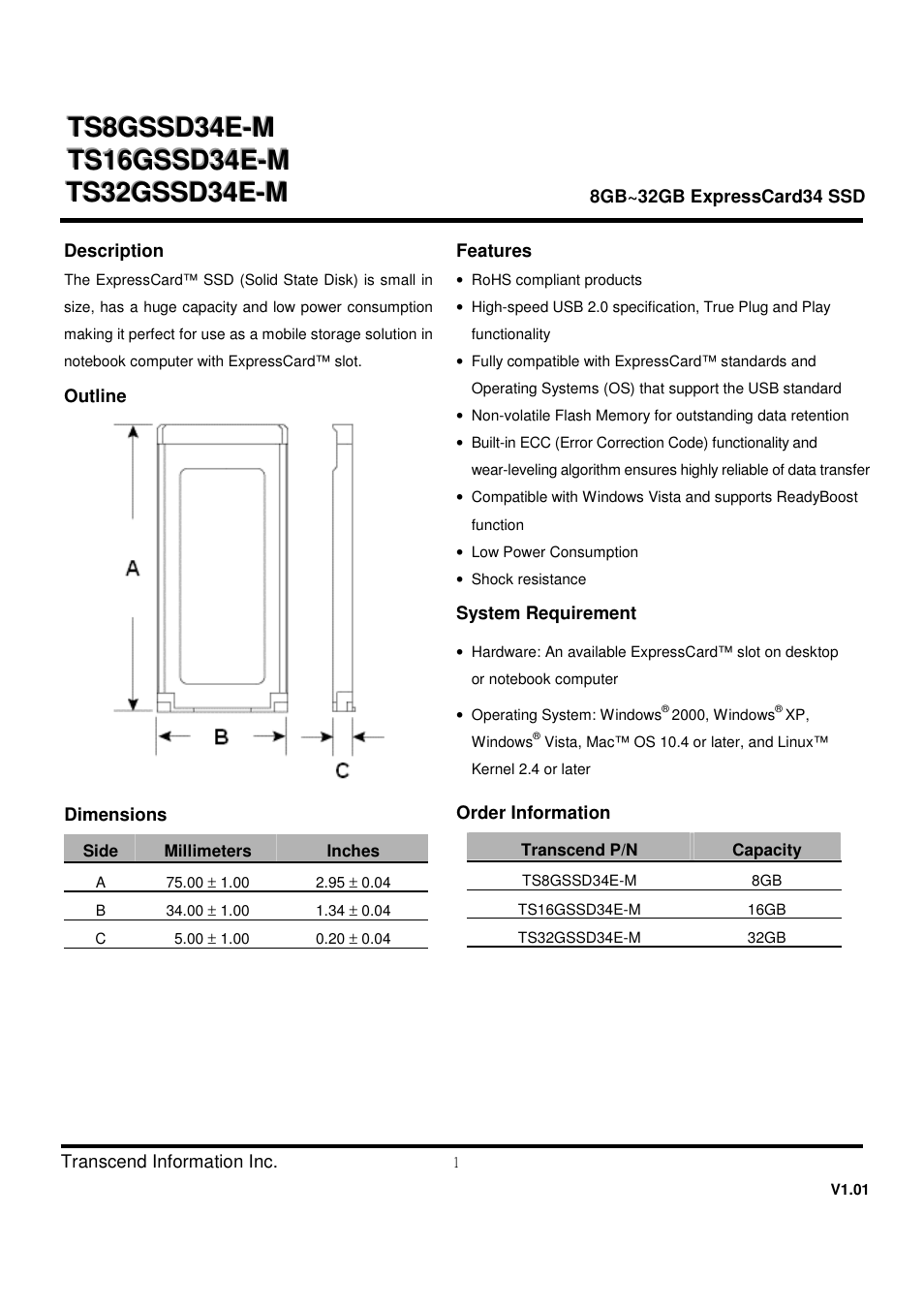 Transcend Information ExpressCard TS32GSSD34E-M User Manual | 6 pages