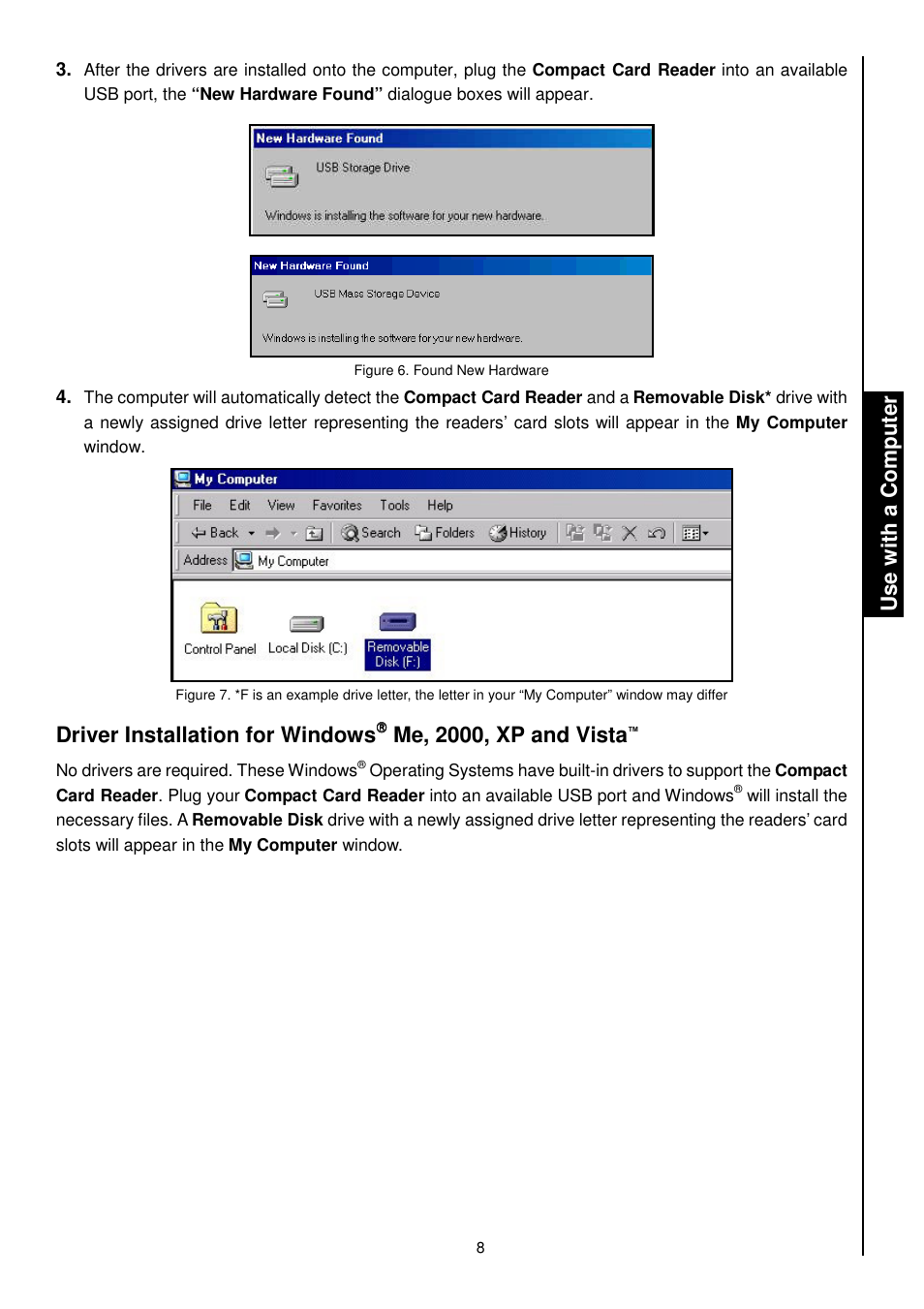 Driver installation for windows, Me, 2000, xp and vista | Transcend Information RDS1/S2/S5/S6 User Manual | Page 10 / 21