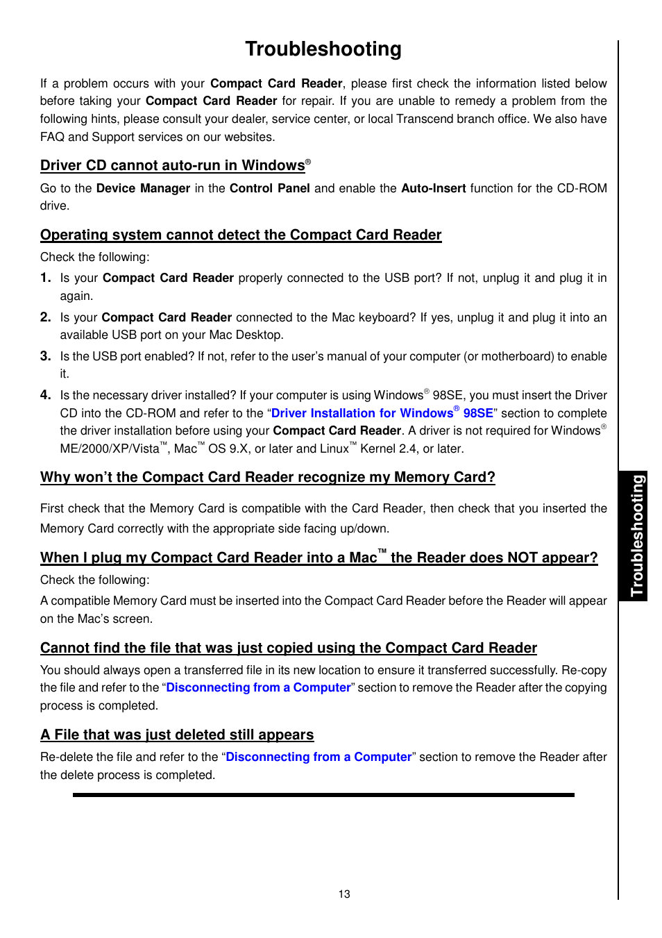 Troubleshooting | Transcend Information RDS1/S2/S5/S6 User Manual | Page 15 / 21