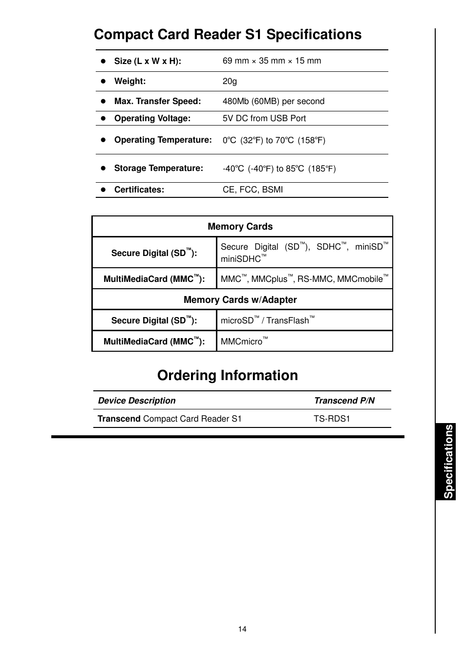 Compact card reader s1 specifications, Ordering information, Sp e c if ic a ti o n s | Transcend Information RDS1/S2/S5/S6 User Manual | Page 16 / 21