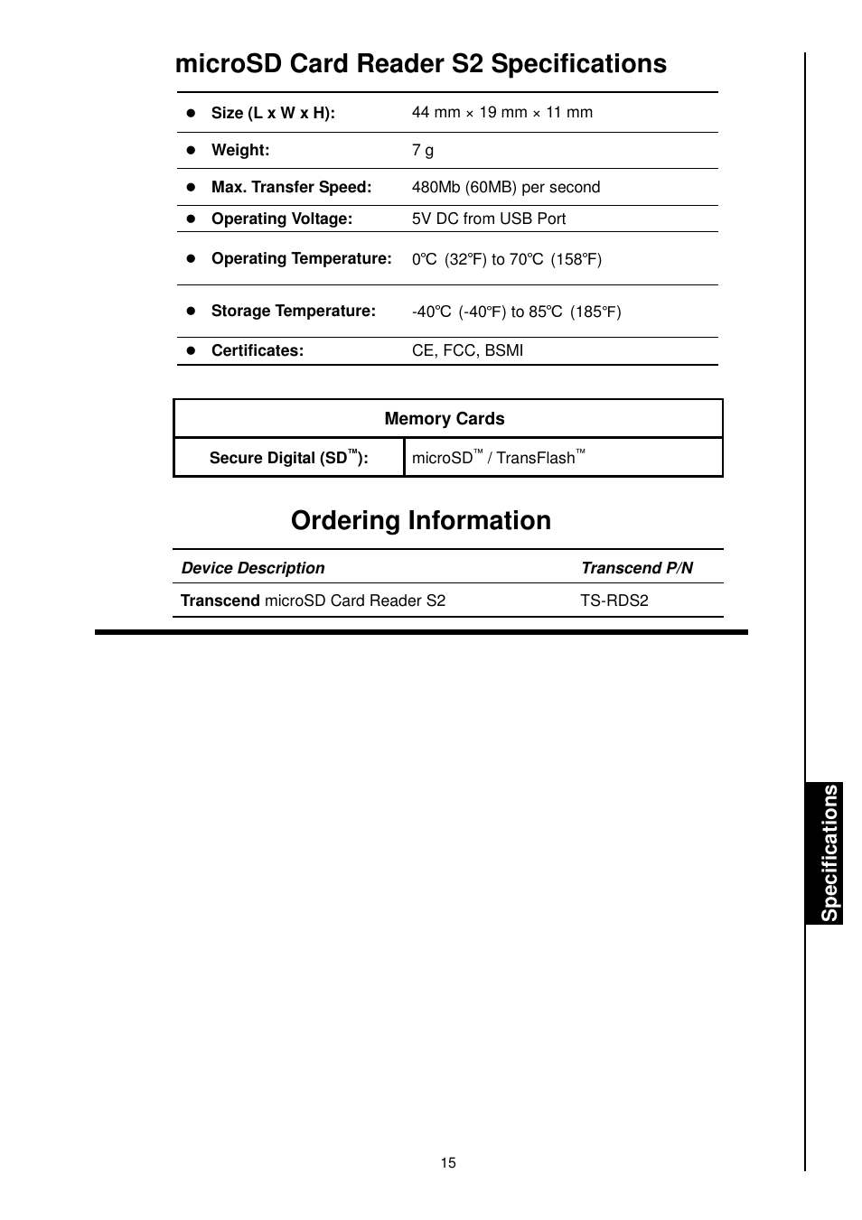 Microsd card reader s2 specifications, Ordering information, Sp e c if ic a ti o n s | Transcend Information RDS1/S2/S5/S6 User Manual | Page 17 / 21