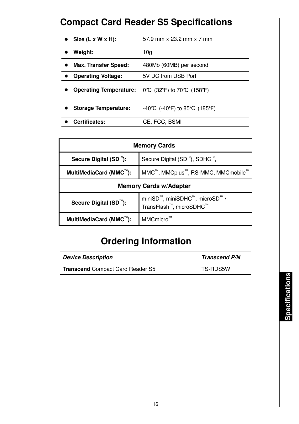 Compact card reader s5 specifications, Ordering information, Sp e c if ic a ti o n s | Transcend Information RDS1/S2/S5/S6 User Manual | Page 18 / 21