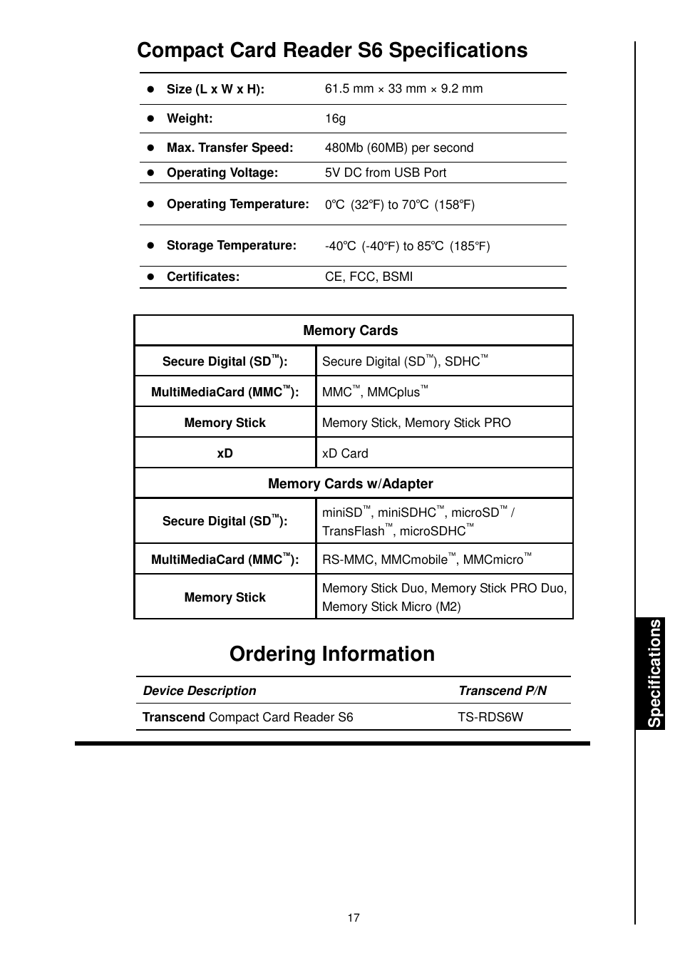 Compact card reader s6 specifications, Ordering information, Sp e c if ic a ti o n s | Transcend Information RDS1/S2/S5/S6 User Manual | Page 19 / 21