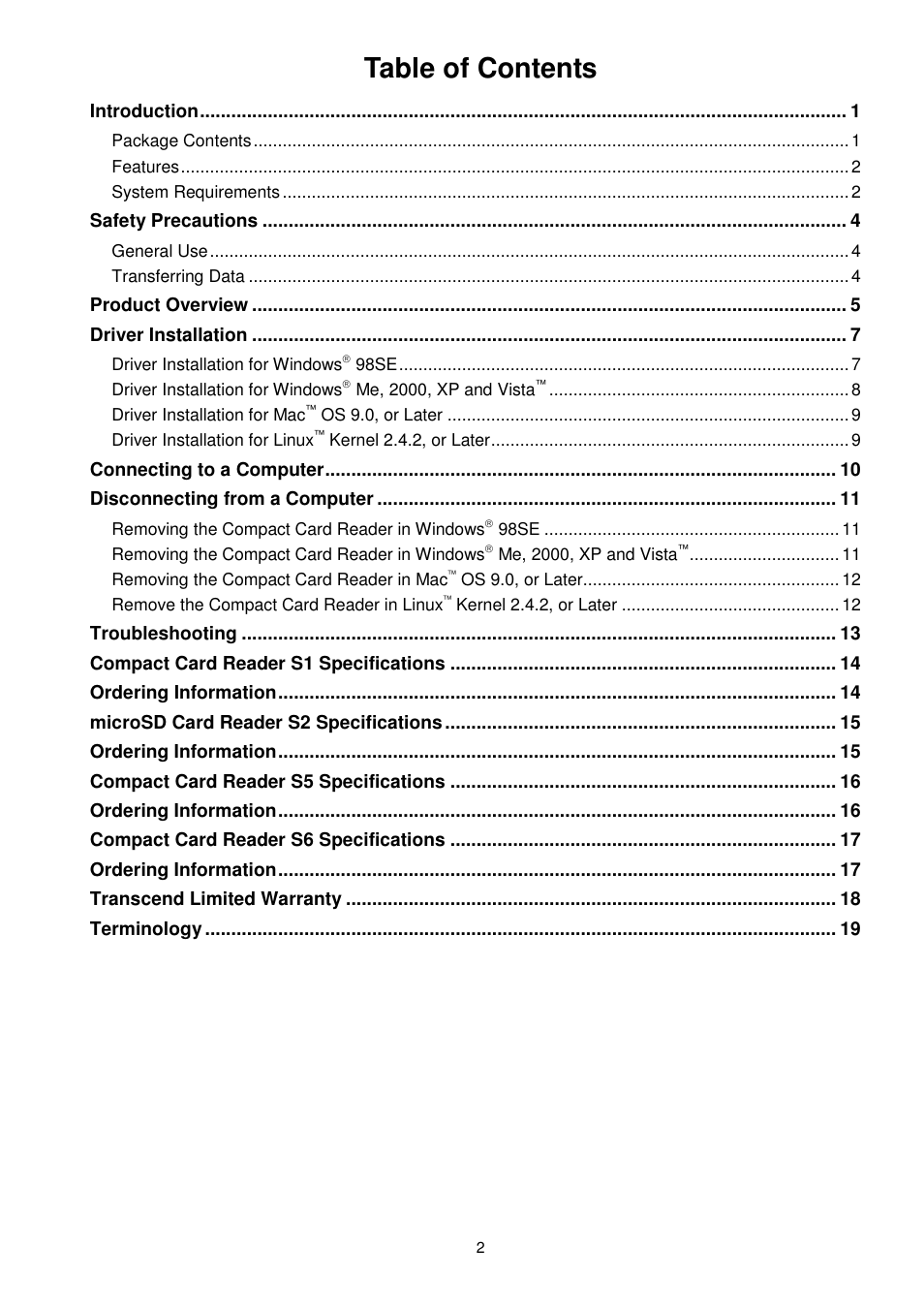 Transcend Information RDS1/S2/S5/S6 User Manual | Page 2 / 21
