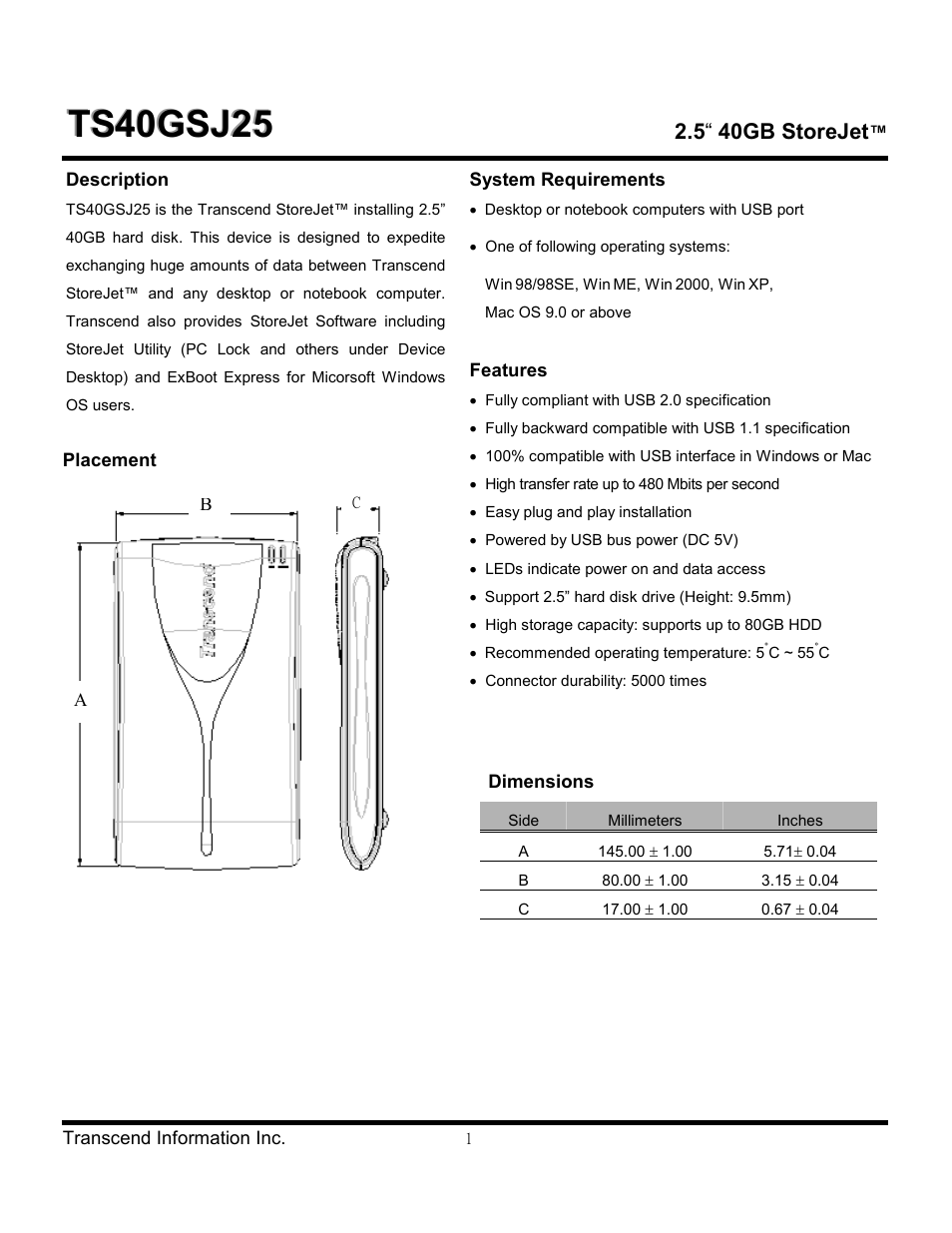 Transcend Information 2.5" 40GB StoreJetTM TS40GSJ25 User Manual | 4 pages