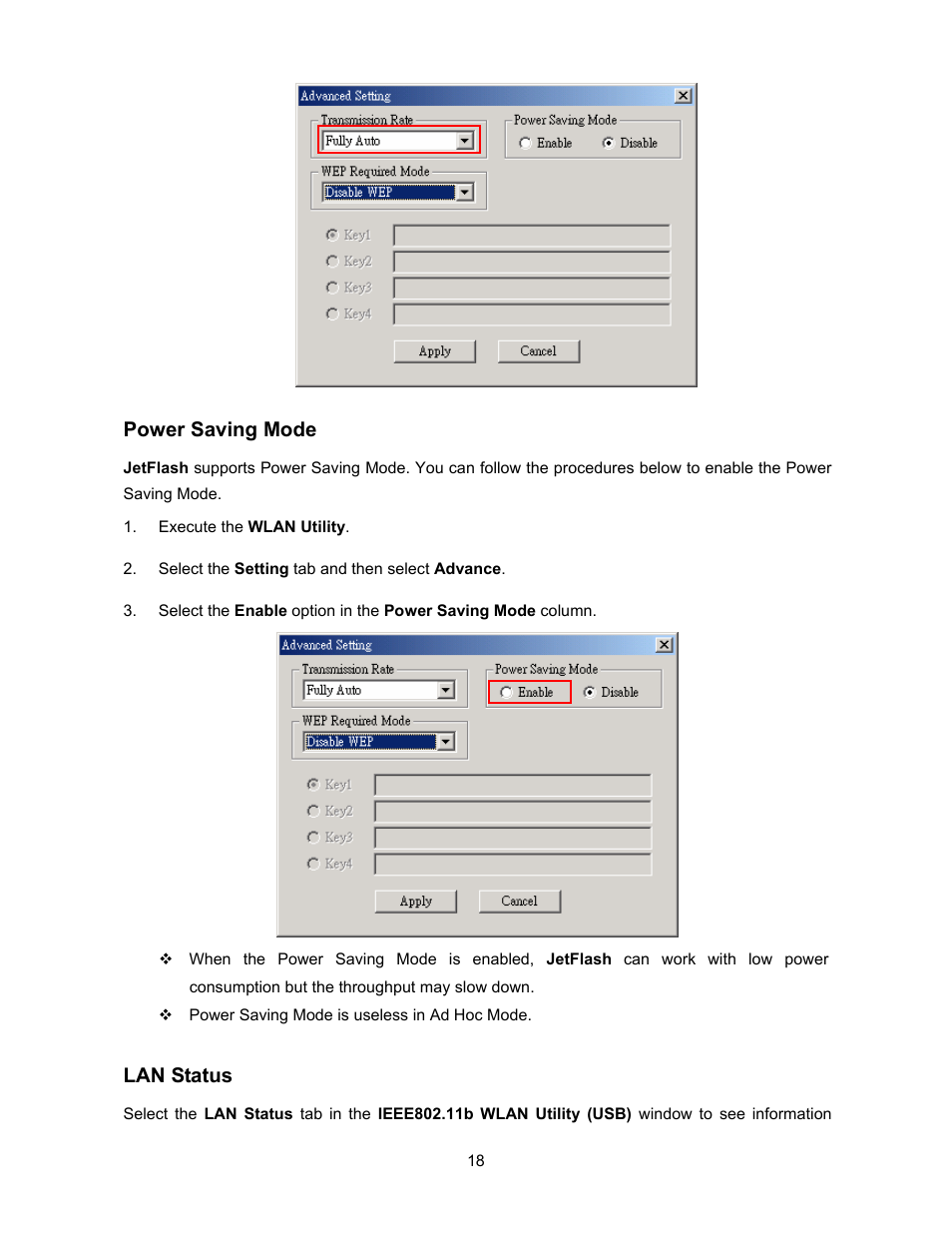Power saving mode, Lan status | Transcend Information 128MB-256MB JetFlash User Manual | Page 20 / 39