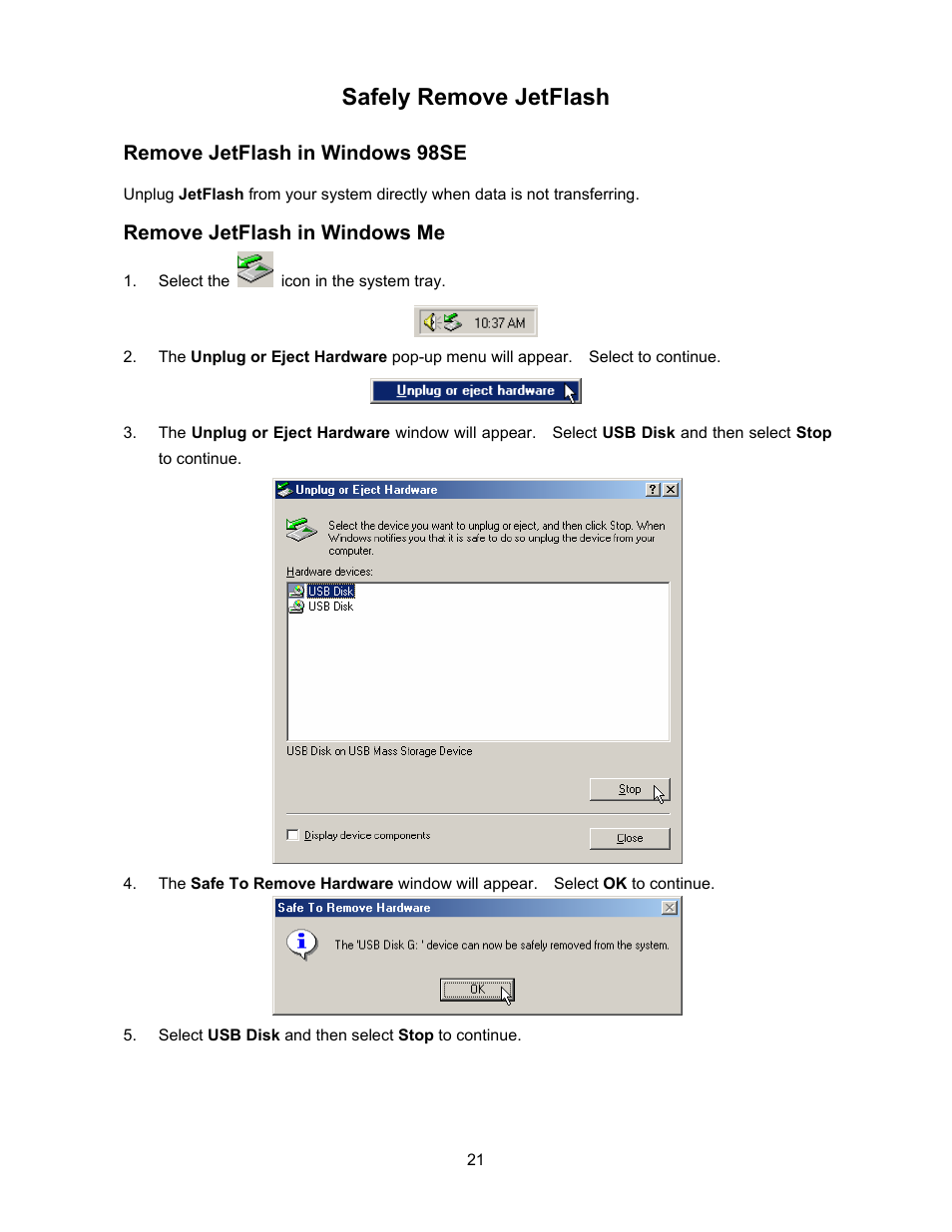 Safely remove jetflash | Transcend Information 128MB-256MB JetFlash User Manual | Page 23 / 39