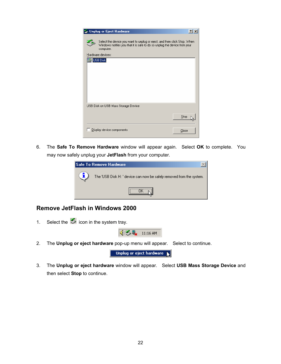 Remove jetflash in windows 2000 | Transcend Information 128MB-256MB JetFlash User Manual | Page 24 / 39