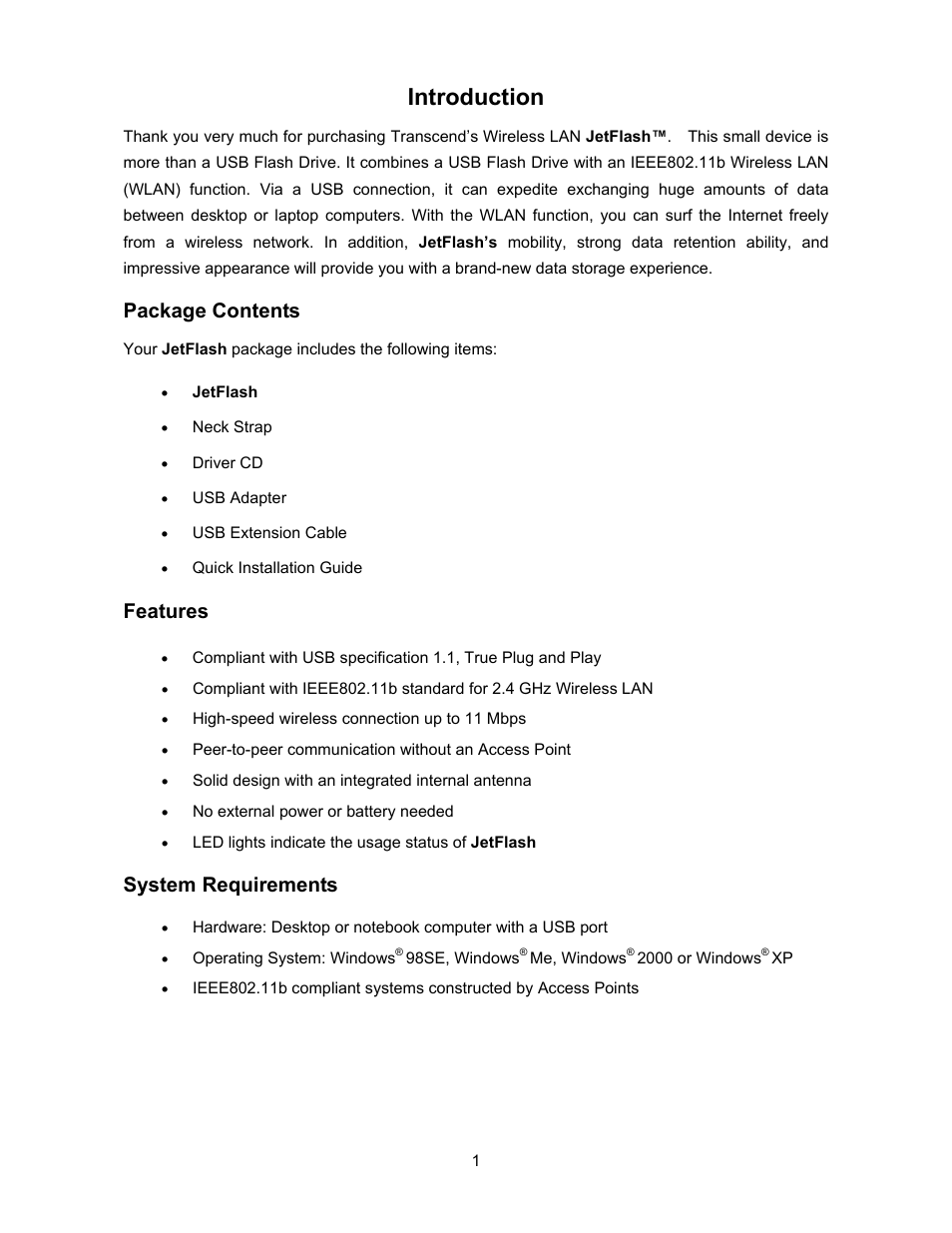 Introduction, Package contents, Features | System requirements | Transcend Information 128MB-256MB JetFlash User Manual | Page 3 / 39