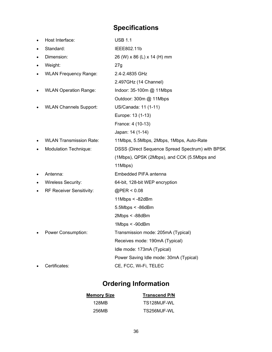 Specifications, Ordering information | Transcend Information 128MB-256MB JetFlash User Manual | Page 38 / 39