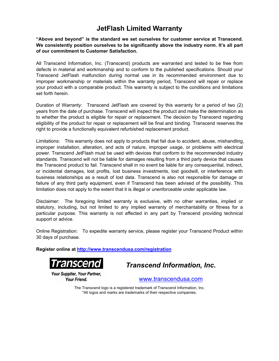 Jetflash limited warranty, Transcend information, inc | Transcend Information 128MB-256MB JetFlash User Manual | Page 39 / 39