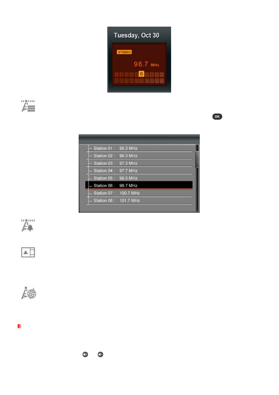 Selecting a radio station, Adjusting the volume | Transcend Information 720 User Manual | Page 28 / 40