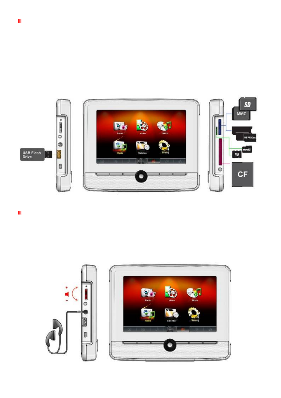 Using a memory card or usb flash drive, Volume control and headphones | Transcend Information 720 User Manual | Page 9 / 40