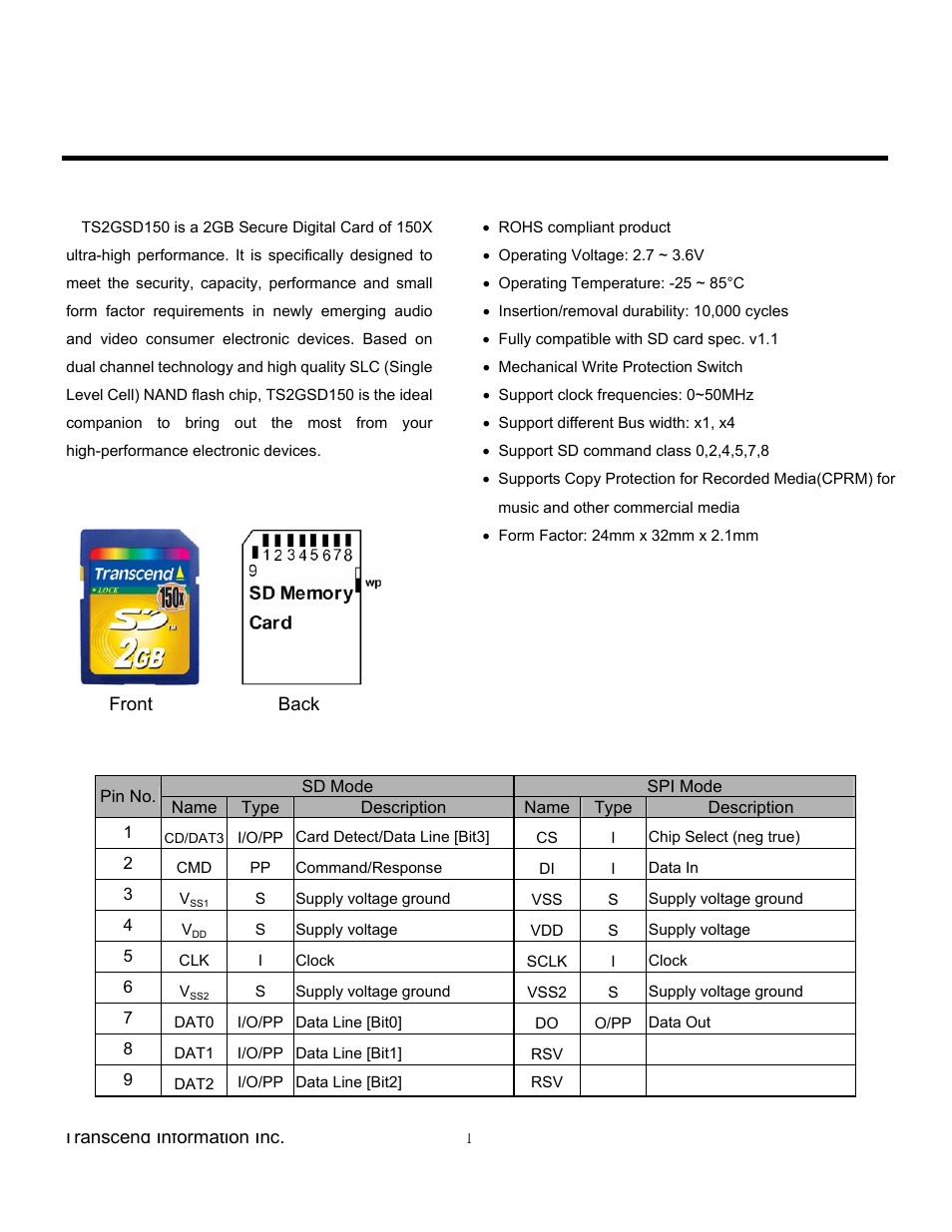 Transcend Information Secure Digital Card TS2GSD150 User Manual | 17 pages