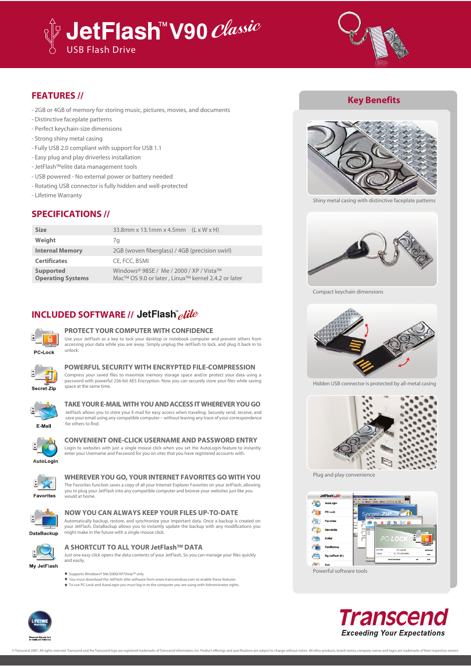 Features, Specifications, Key benefits | Usb flash drive included software | Transcend Information JetFlash V90 Classic User Manual | Page 2 / 2