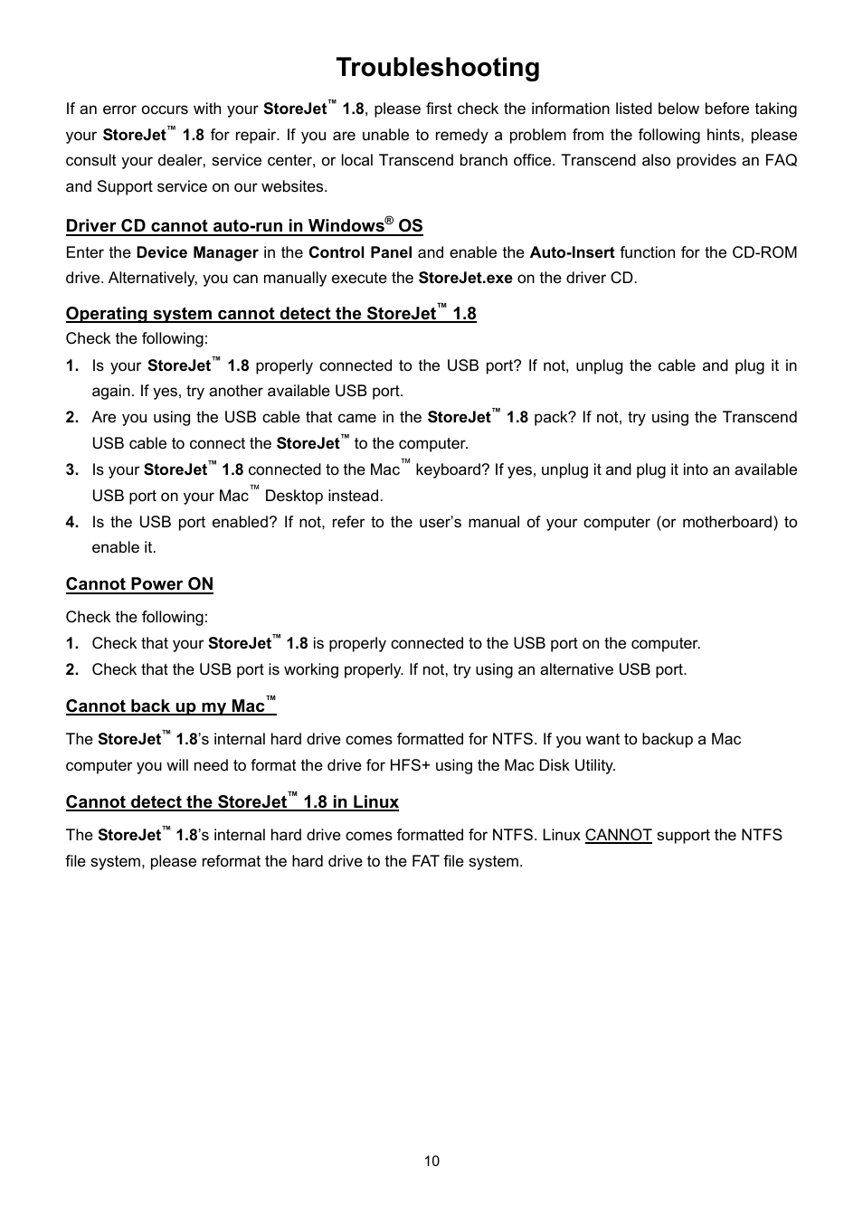 Troubleshooting | Transcend Information STOREJET 1.8 User Manual | Page 10 / 12