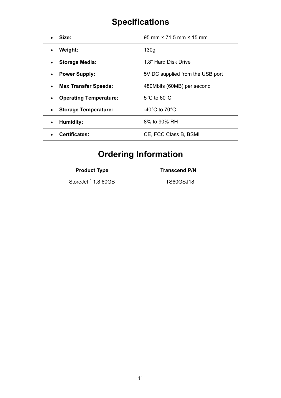 Specifications, Ordering information | Transcend Information STOREJET 1.8 User Manual | Page 11 / 12