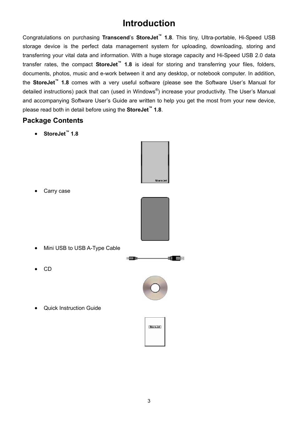 Introduction, Package contents | Transcend Information STOREJET 1.8 User Manual | Page 3 / 12
