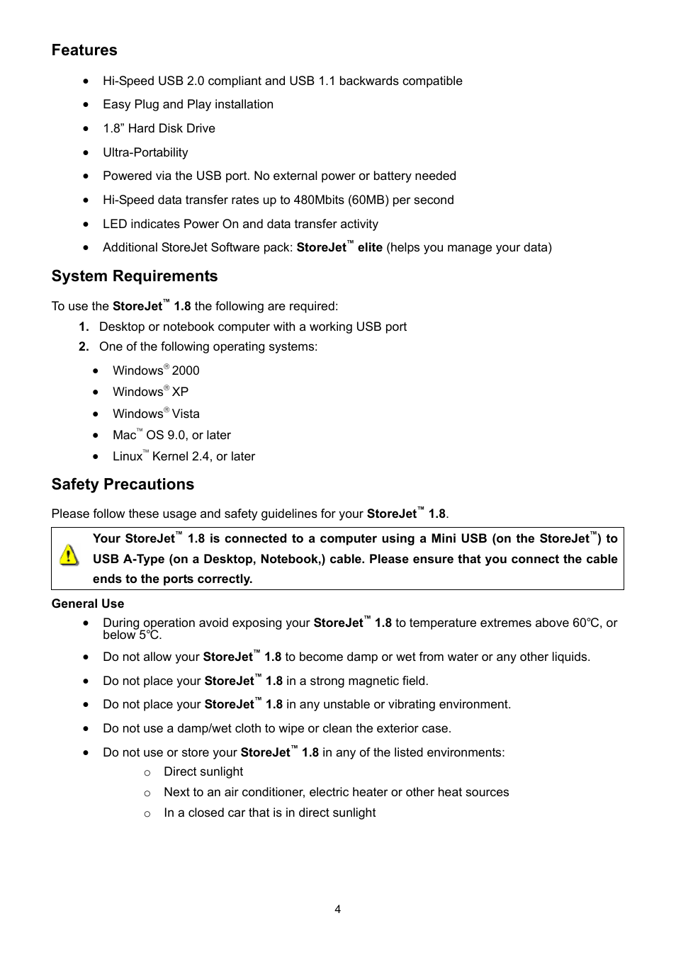 Features, System requirements, Safety precautions | Transcend Information STOREJET 1.8 User Manual | Page 4 / 12