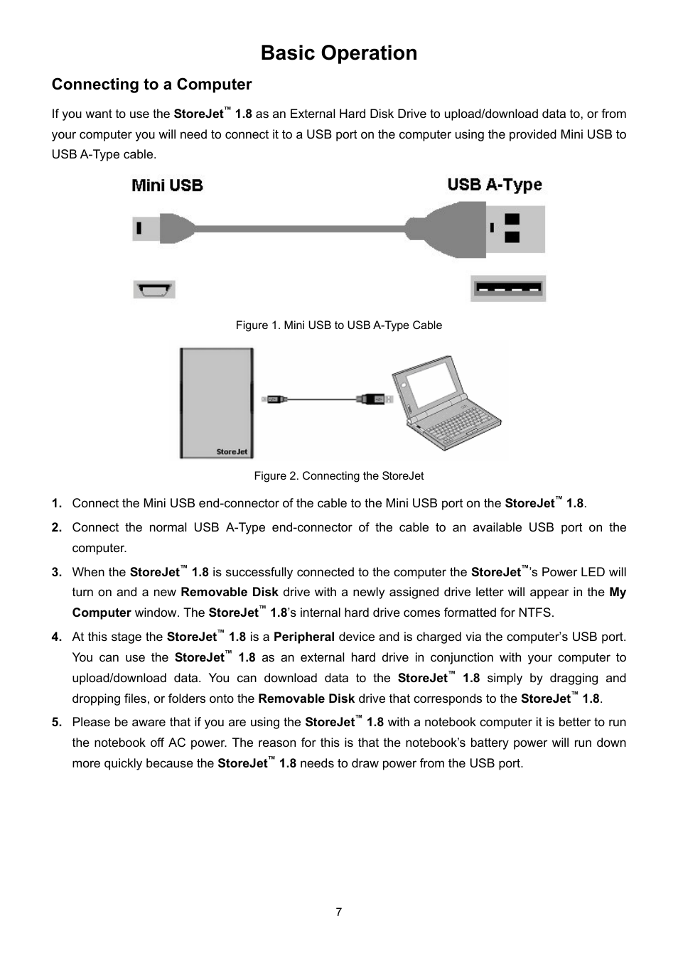 Basic operation, Connecting to a computer | Transcend Information STOREJET 1.8 User Manual | Page 7 / 12